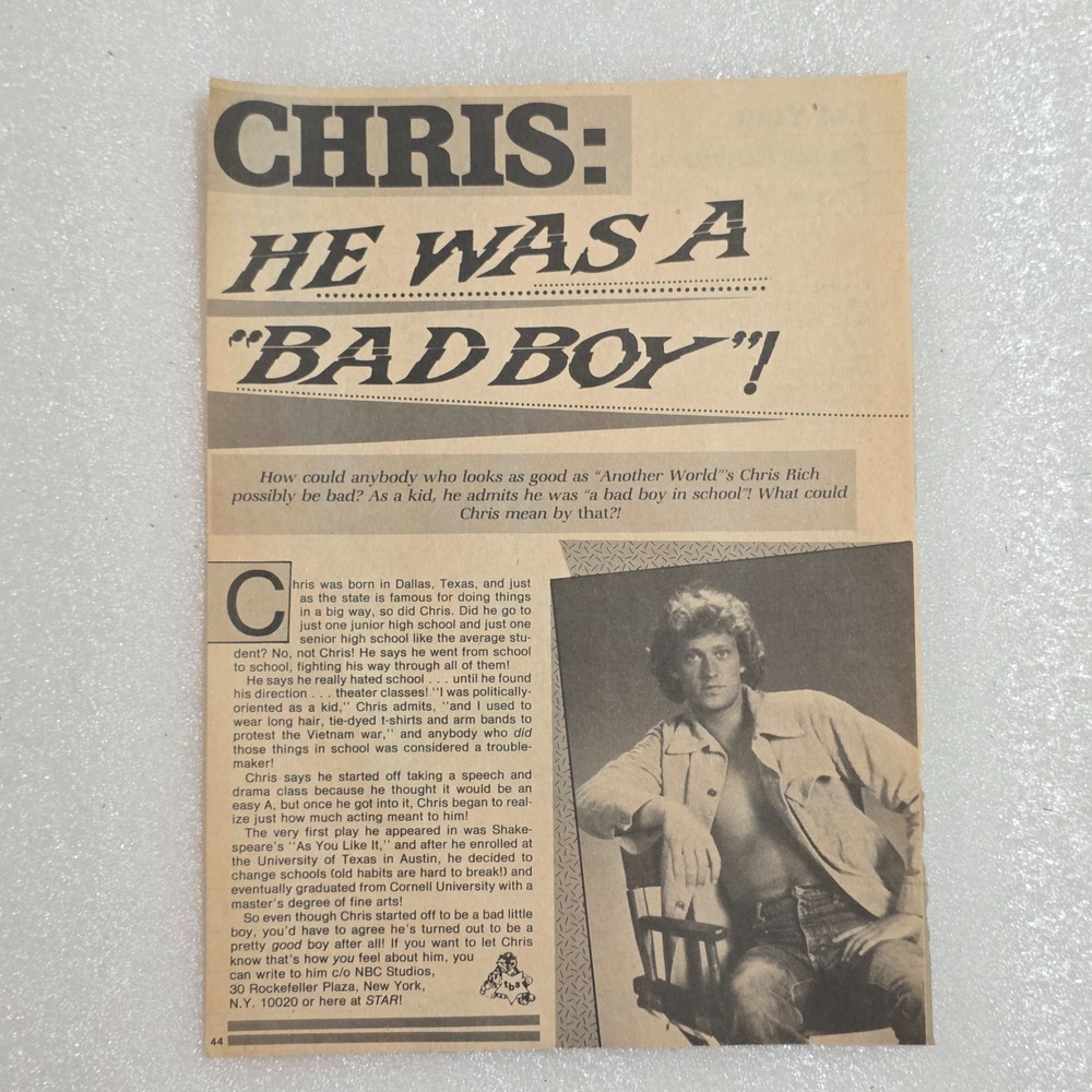 Christopher Rich Another World 1pg B&W article open front shirt 8x10 1980s